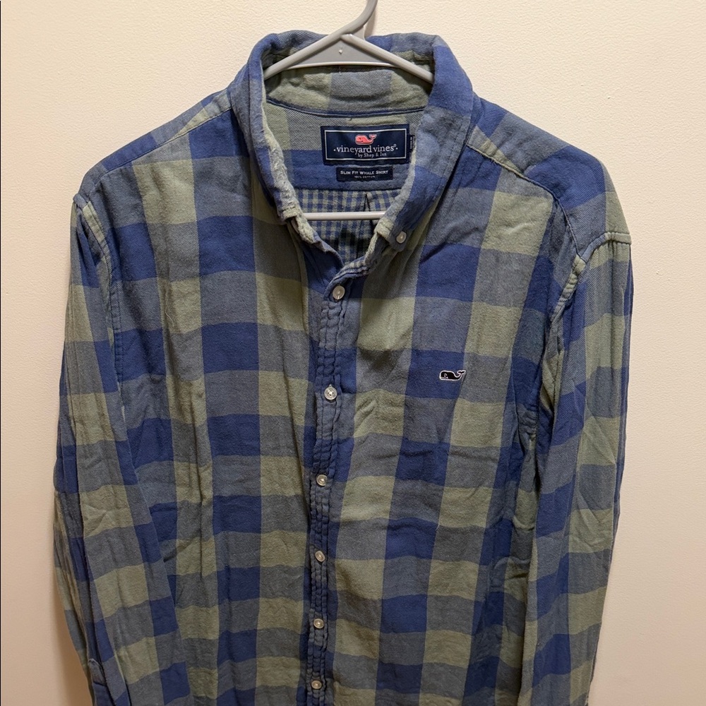 Vineyard Vines Men's Blue and Green Plaid Shirt